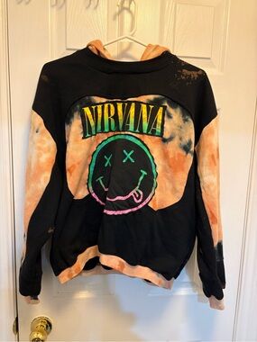 Handmade NIRVANA Black Hoodie with Orange Tie-Dye and Multicolor Logo